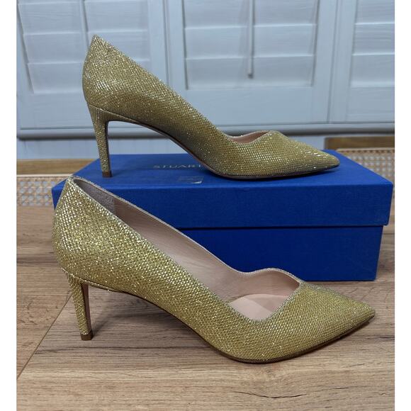 Stuart Weitzman Anny 70 Heel Gold Noir Fabric Upper Size 7 NIB Stylish Dressy - Picture 1 of 13